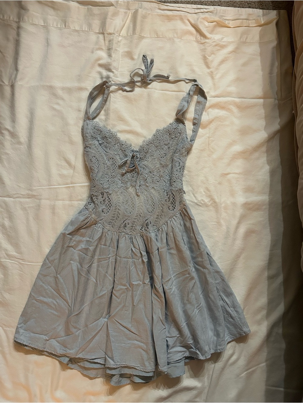 Delicate Lace-Trim Halter Sundress in Light Blue